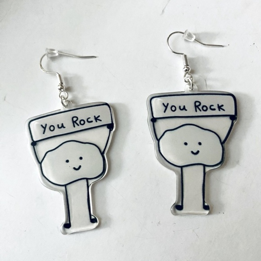 NWT - Positive earrings rock holding a  “You Rock” sign - acrylic dangling